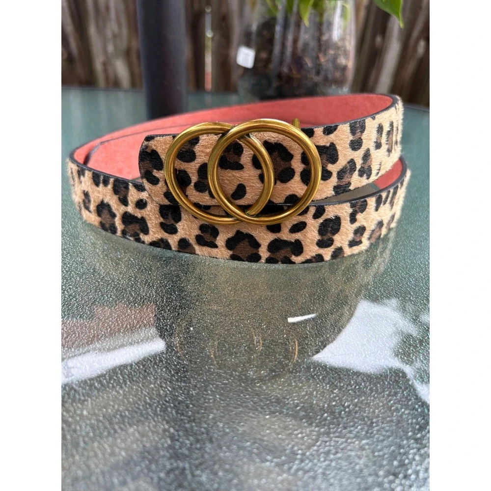 Leopard Print Calf Hair Belt Double Ring Gold Buckle Animal‎ Print Tan Brown